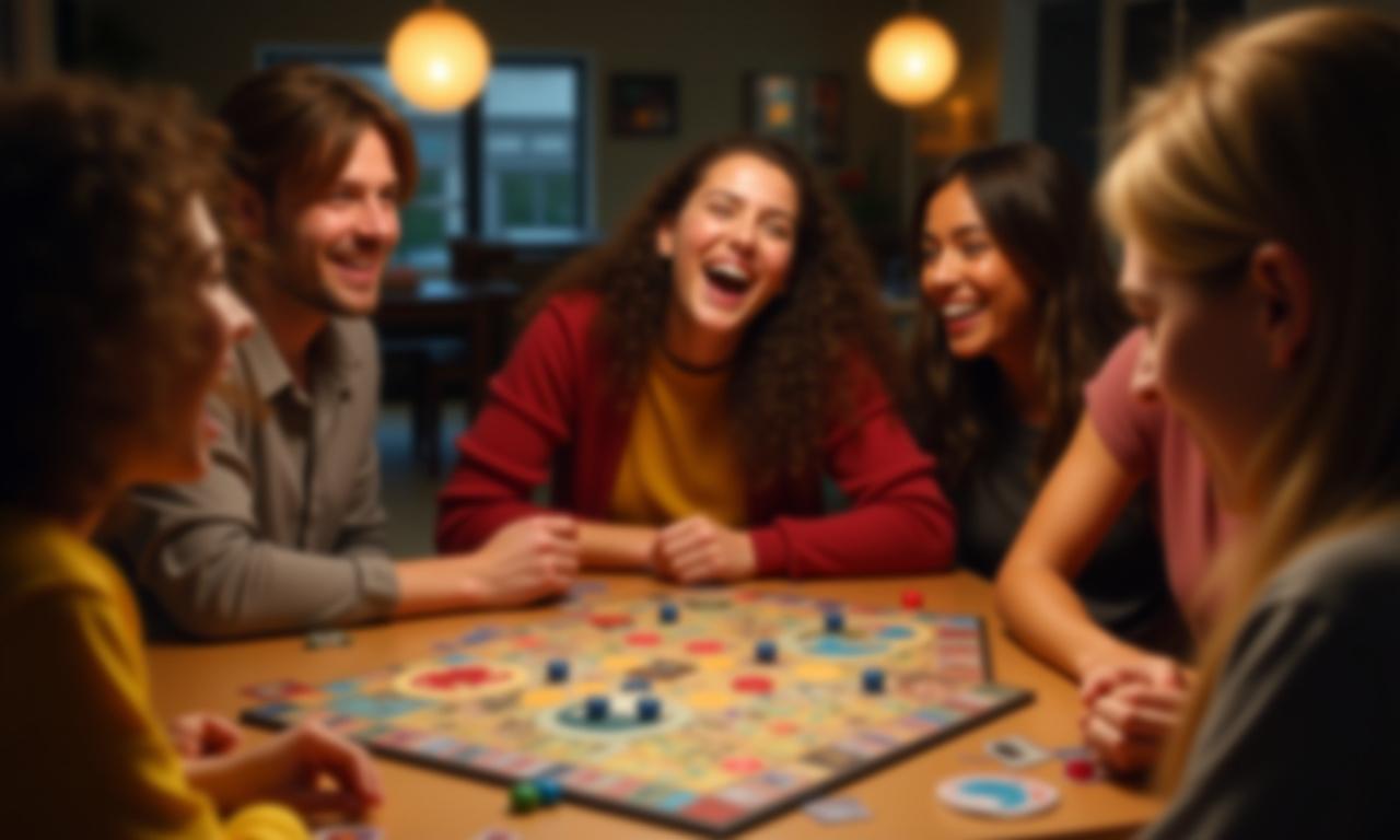 Un gruppo di amici che ride giocando a un gioco da tavolo alla Carovana Ludica.