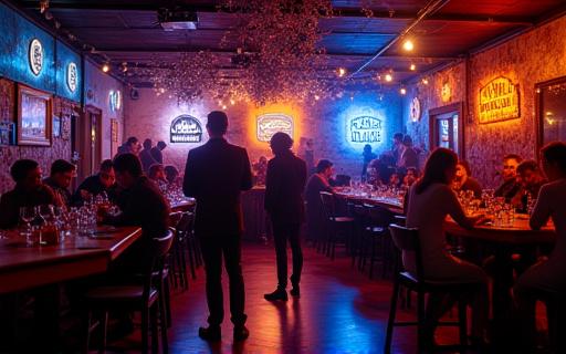 Interno del club addobbato per una serata a tema quiz.